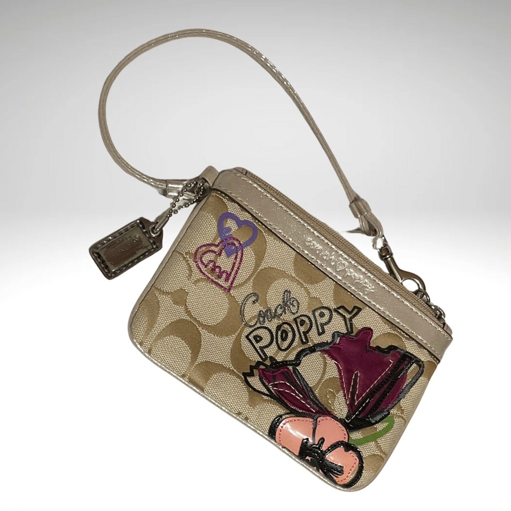 Coach Beige Signature Poppy Wristlet with Pink & Purple Floral Applique - Picture 2 of 10